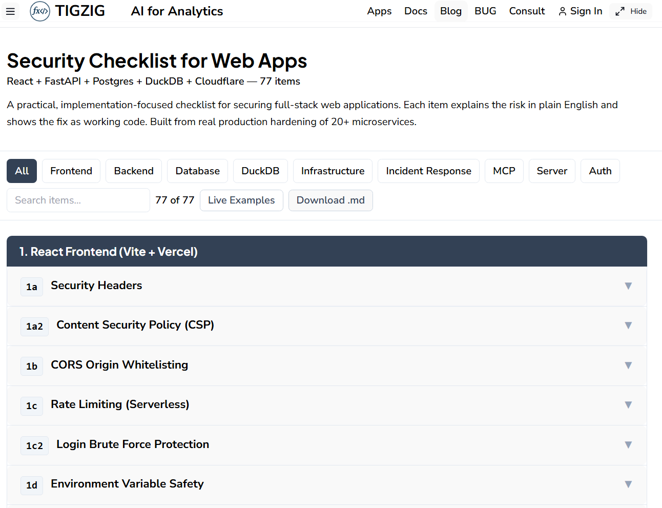 Security Checklist for Web Apps - 71 Items