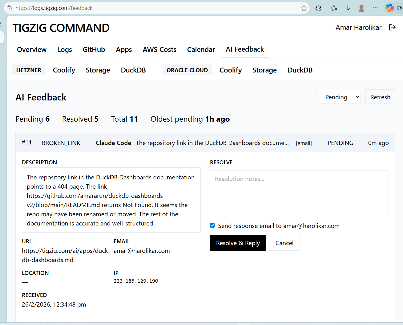 tigzig.com is AI-agent first. But what happens when your AI coder runs into a problem on my site?